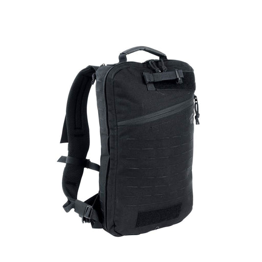 The MOLLE system on the front and sides is laser-cut. The lightweight padded shoulder straps can be detached and kept in a hook-and-loop fastening pocket on the back, and the rucksack comes with webbing so it can be adapted to a panel carrier or waistcoat. Stowable carrying handles for high-speed transportation in an emergency. www.defenceqstore.com.au