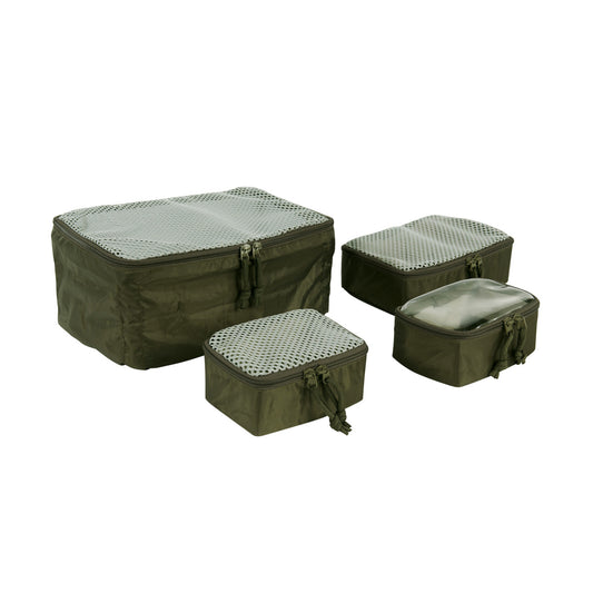 Flexible mesh pouches in three sizes, one for compression.Â&nbsp;With hook-and-loop fastening back (hooks) for modular use. The back is also covered for universal use. The set consists of four pouches. www.defenceqstore.com.au