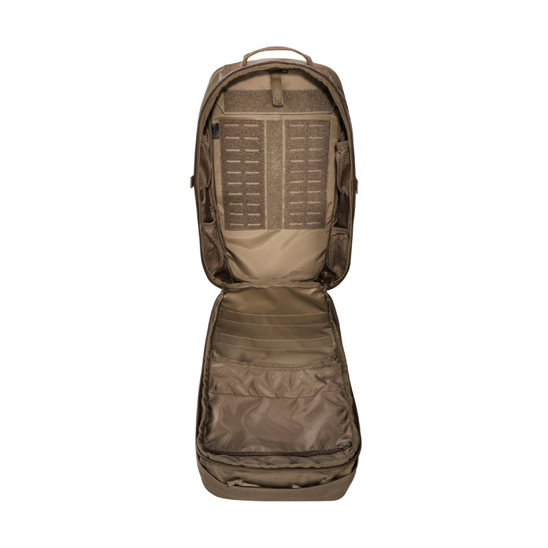 Small 22 litre universal combat backpack with two attachable pockets and elastic side pockets. It has a MOLLE hook-and-loop in the main compartment for customised modular add-ons and the laser-cut MOLLE on the front and sides mean you can combine it with other gear. www.defenceqstore.com.au