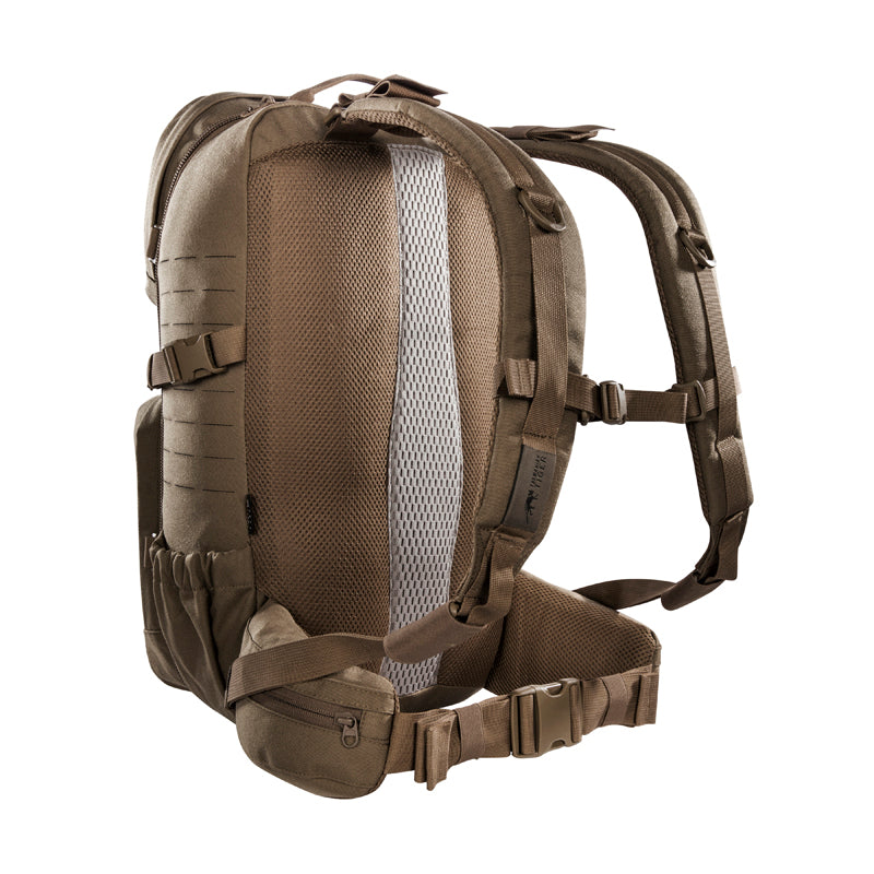 Small 22 litre universal combat backpack with two attachable pockets and elastic side pockets. It has a MOLLE hook-and-loop in the main compartment for customised modular add-ons and the laser-cut MOLLE on the front and sides mean you can combine it with other gear. www.defenceqstore.com.au