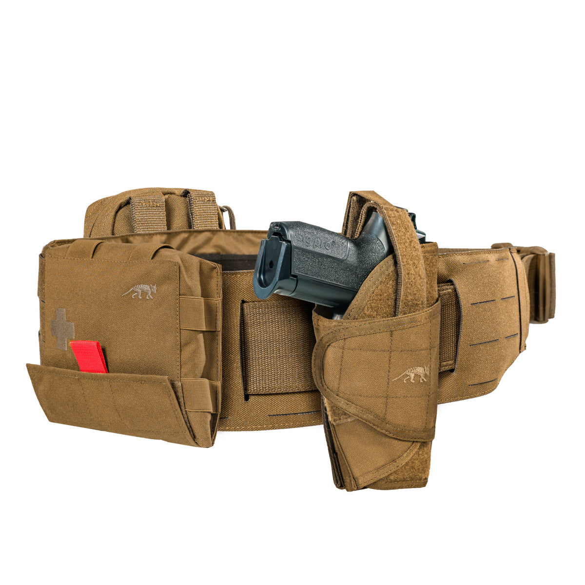 Extremely low-lying warrior belt for attaching to a tactical belt. The hook-and-loop fastening (hooks) is covered with a non-slip material when not in use. 4 laser-cut MOLLE slots high. www.defenceqstore.com.au