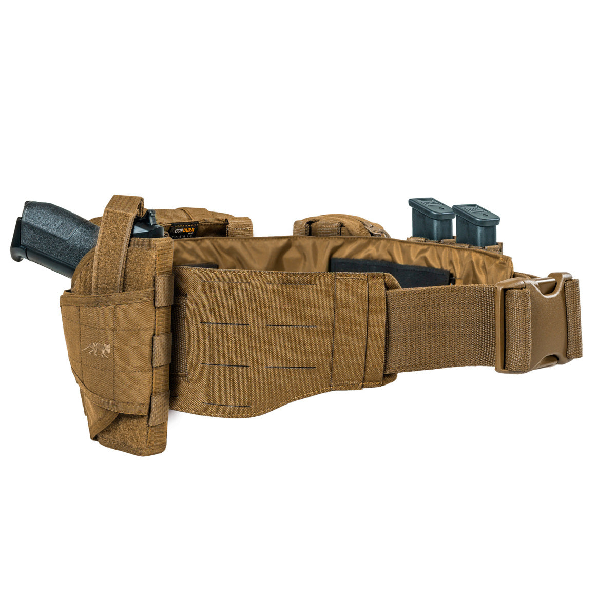 Extremely low-lying warrior belt for attaching to a tactical belt. The hook-and-loop fastening (hooks) is covered with a non-slip material when not in use. 4 laser-cut MOLLE slots high. www.defenceqstore.com.au