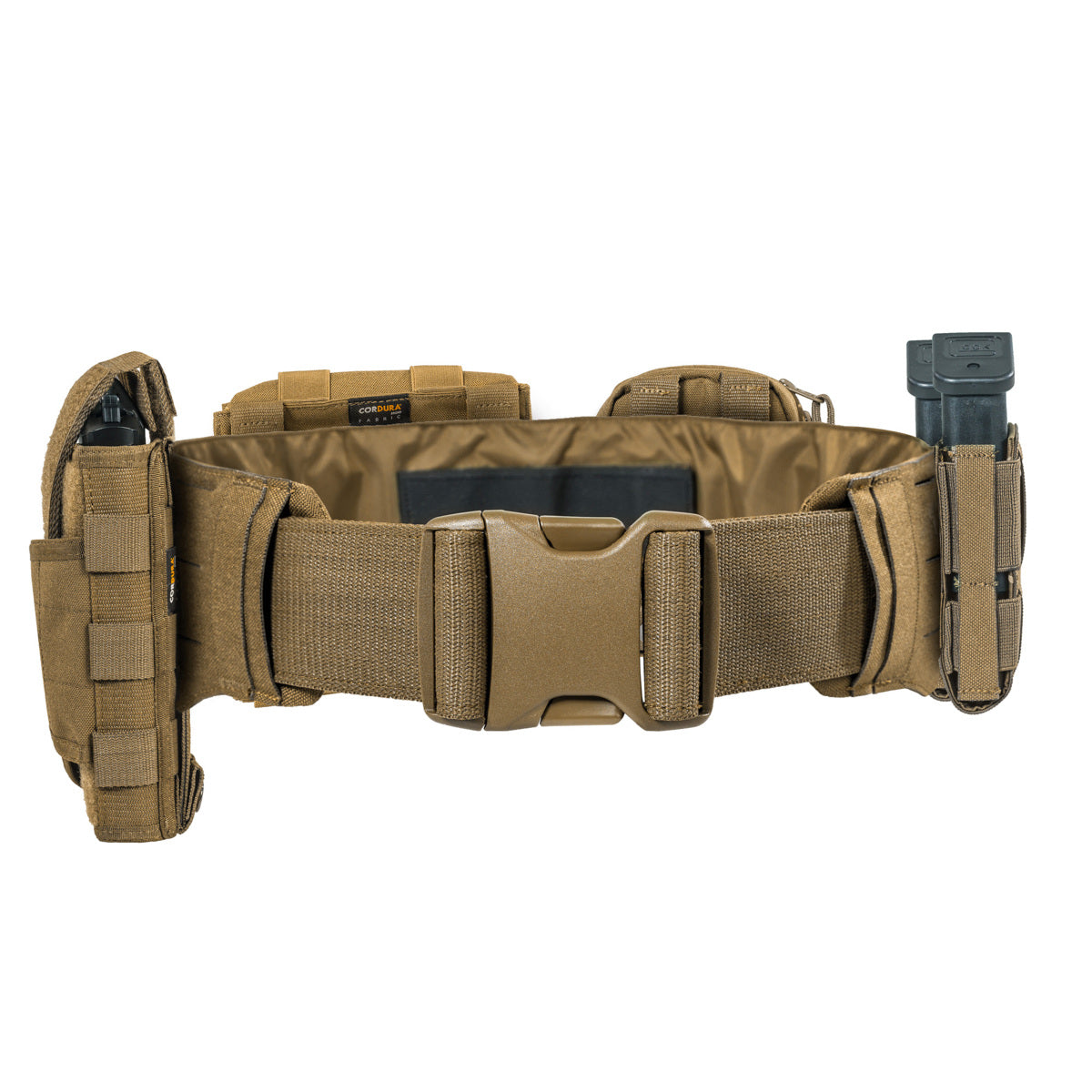 Extremely low-lying warrior belt for attaching to a tactical belt. The hook-and-loop fastening (hooks) is covered with a non-slip material when not in use. 4 laser-cut MOLLE slots high. www.defenceqstore.com.au