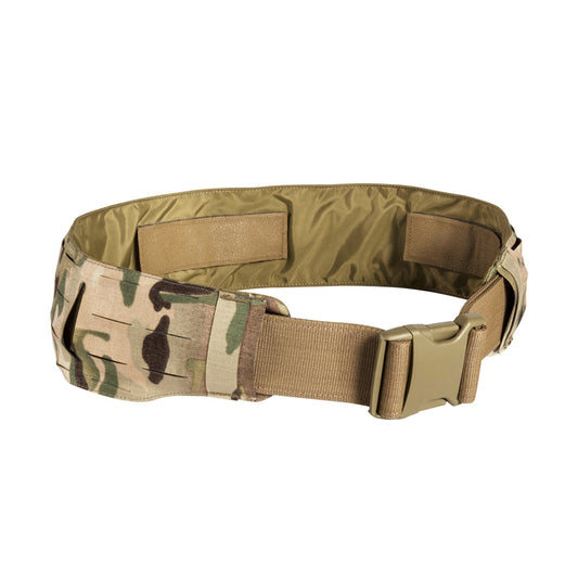 Extremely low-lying warrior belt for attaching to a tactical belt. The hook-and-loop fastening (hooks) is covered with a non-slip material when not in use. 4 laser-cut MOLLE slots high. www.defenceqstore.com.au