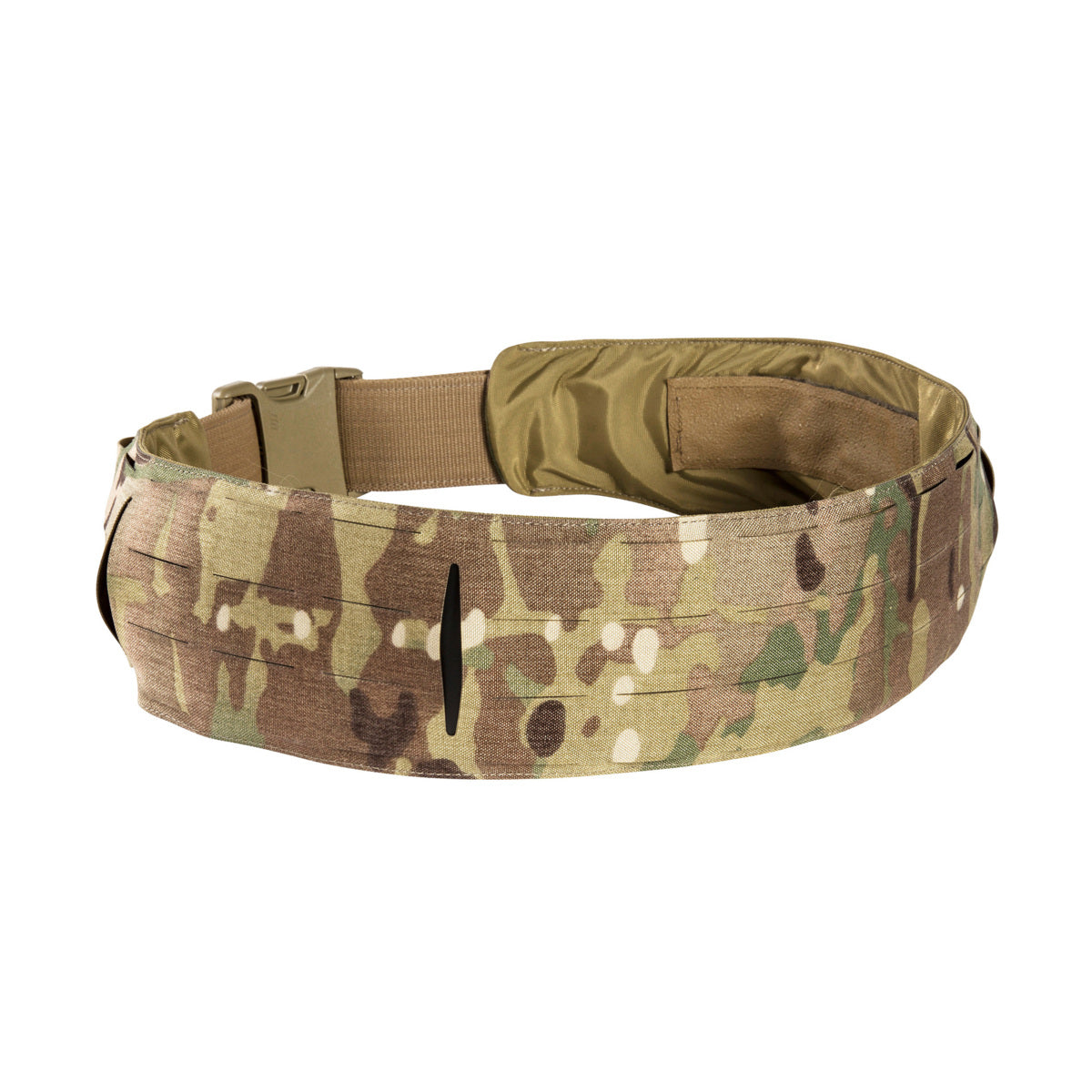 Extremely low-lying warrior belt for attaching to a tactical belt. The hook-and-loop fastening (hooks) is covered with a non-slip material when not in use. 4 laser-cut MOLLE slots high. www.defenceqstore.com.au