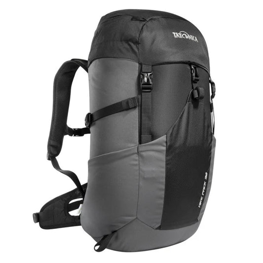 Classic top loader hiking backpack with a super comfortable ventilated mesh back panel, 32 liter volume, hip belt with zip pocket, fixation for hiking poles, rain cover and front insert pocket for a via ferrata helmet, jacket or similar. Partly made of recycled materials and with a PFC-free finish. www.defenceqstore.com.au