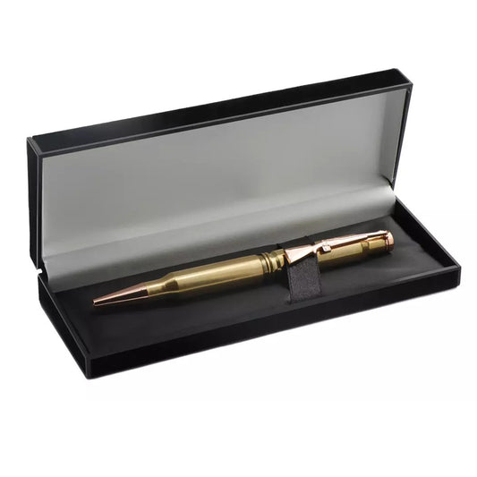 A beautiful quality pen to cherish. This unique pen is created from 2.308 brass rifle shells with a rifle clip, making it a stunning gift for a loved one or a special keepsake for yourself. With its wonderful two-tone design, this intricately crafted pen is a beautiful way to commemorate special moments. The pen comes in a felt gift box, adding an extra touch of elegance to the presentation. www.defenceqstore.com.au