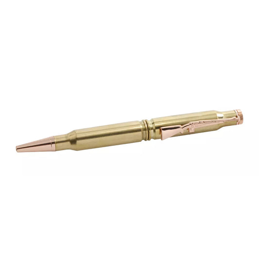 A beautiful quality pen to cherish. This unique pen is created from 2.308 brass rifle shells with a rifle clip, making it a stunning gift for a loved one or a special keepsake for yourself. With its wonderful two-tone design, this intricately crafted pen is a beautiful way to commemorate special moments. The pen comes in a felt gift box, adding an extra touch of elegance to the presentation. www.defenceqstore.com.au