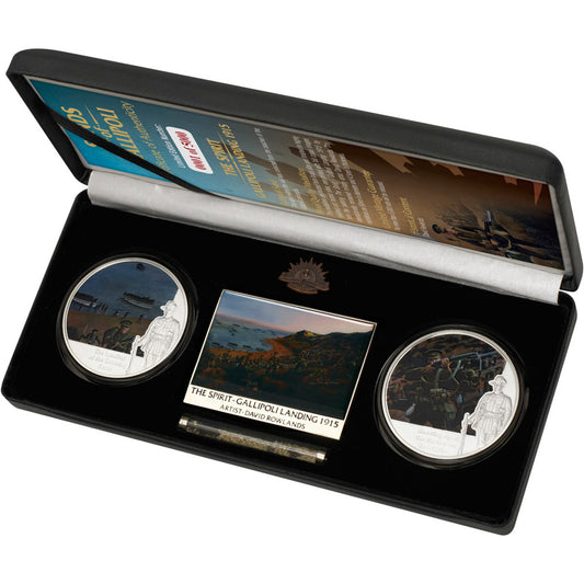 The stunning Sands of Gallipoli 2012 release The Landing Two Limited Edition Medallions Set from the military specialists. This Limited Edition set of proof quality medallions features photo-quality detailed characters from internationally renowned military artist David Rowlands painting, The Spirit - Gallipoli Landing. The reverse of each medallion features the Rising Sun Hat Badge. www.defenceqstore.com.au