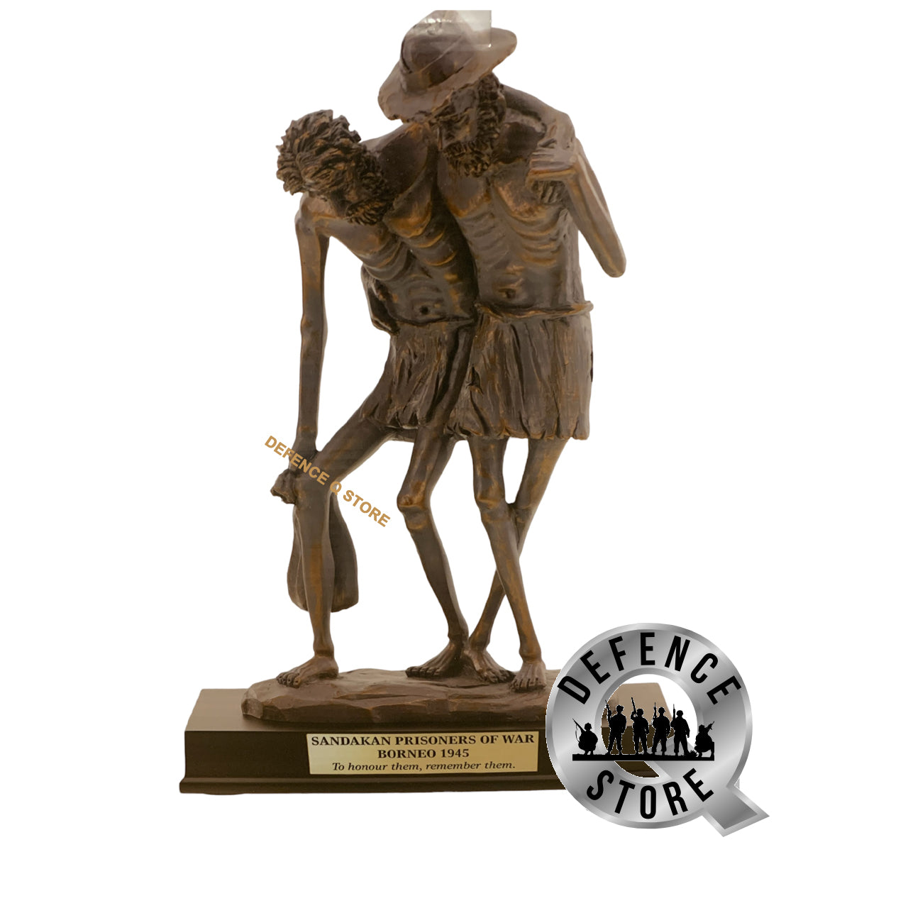 This figurine, commemorating the Sandakan prisoner of war camp in Borneo, pays tribute to the Australian and British victims of Japanese brutality in World War II. A solemn promise to remember the truth, it stands for all nations who lost loved ones to the cruelty of Japanese camps. www.defenceqstore.com.au