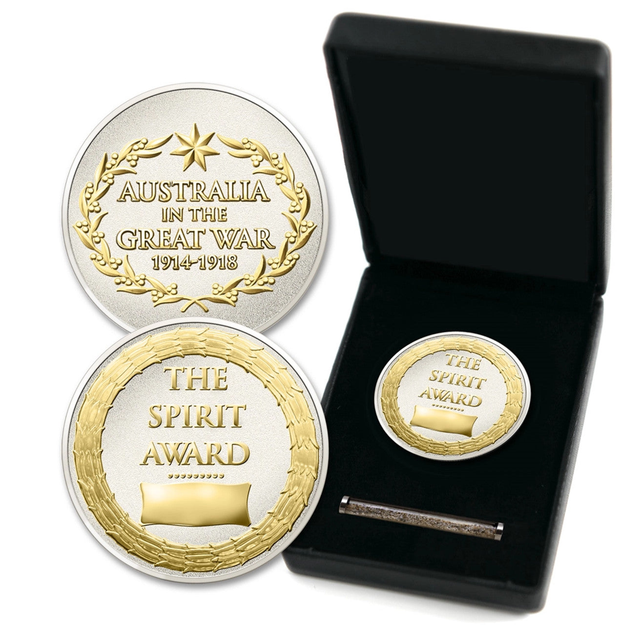 The Spirit Award Medallion In Box With Sand is the perfect keepsake for military enthusiasts and history buffs. This medallion is not only a symbol of honour and bravery but also a unique piece of history. www.defenceqstore.com.au