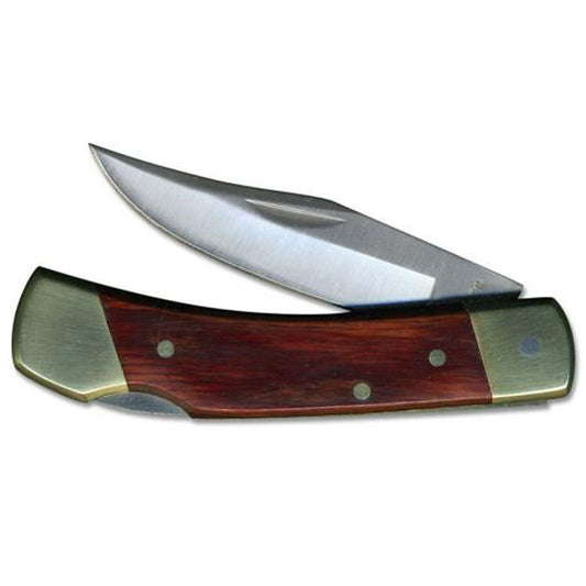 The illustrated Uncle Henry Knife is the Smokey Uncle Henry Knife that features a locking clip point blade made of stainless steel. The woodgrain handle of this Uncle Henry knife, 3 3/4″ closed, has brass liners, brass bolsters and a lockback. A genuine leather sheath is included. www.defenceqstore.com.au