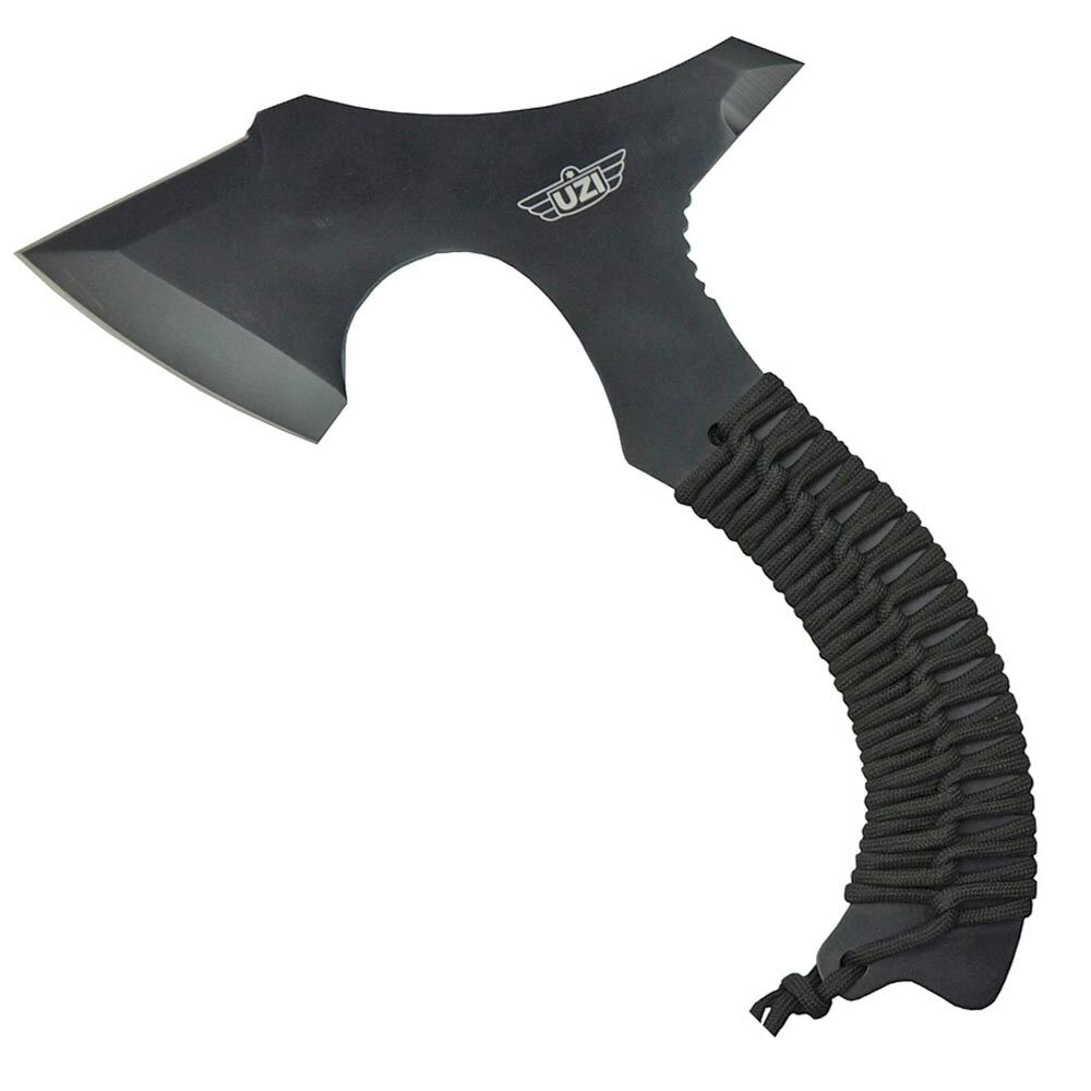 10″ overall. 7″ axe head with 3″ cutting edge and reinforced striker tip at the back. Black finish stainless full tang construction. Black paracord wrapped handle with lanyard. Black nylon belt sheath. Hang packaged. www.defenceqstore.com.au
