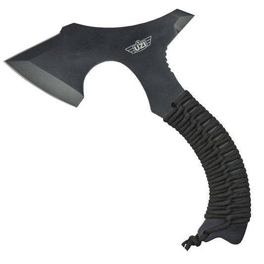 10″ overall. 7″ axe head with 3″ cutting edge and reinforced striker tip at the back. Black finish stainless full tang construction. Black paracord wrapped handle with lanyard. Black nylon belt sheath. Hang packaged. www.defenceqstore.com.au