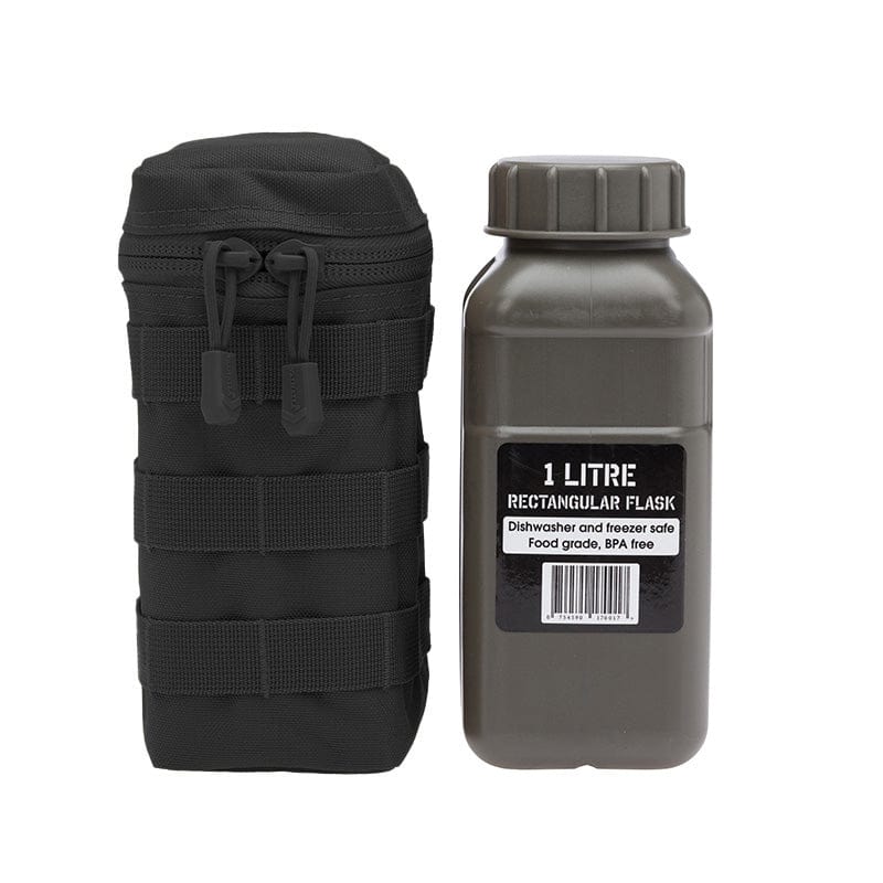 The Tactical 1 Litre Flask Pouch can accommodate the most 1 Litre flask or the Nalgene one litre wide mouth water bottle. The horizontal wrap around zip opening allows the user to easily access and stow their water bottle. www.defenceqstore.com.au