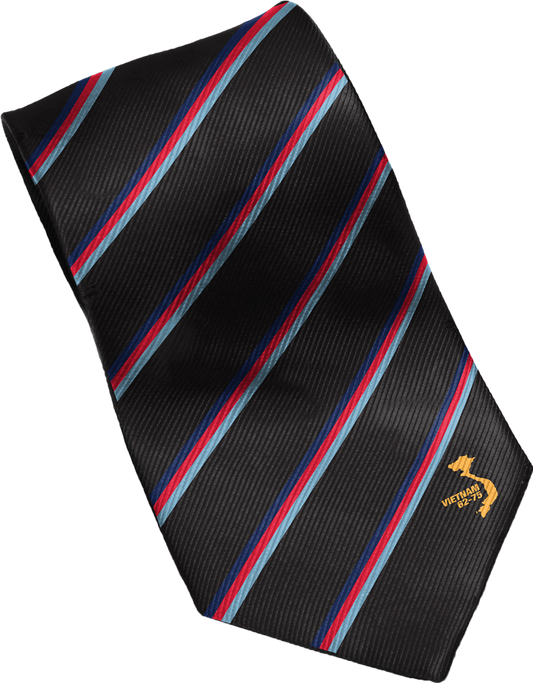 The Vietnam Tri Colour Tie is a stylish and meaningful accessory that commemorates the brave men and women who served in Vietnam. Made from high-quality polyester, this tie features a striking tri-colour badge representing the Navy, Army, and Air Force.  www.defenceqstore.com.au