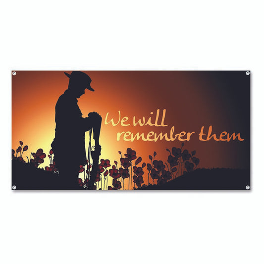 The 'We will remember them' flag is a stunning display of artwork and memory that will leave you in awe. This beautiful flag features a digger at dawn amidst a field of poppies, symbolizing remembrance and paying tribute to those who have served. www.defenceqstore.com.au