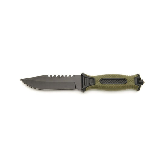 This Whitby knife features a durable 420 stainless steel blade with a black oxide finish and saw teeth along the top for versatile use, including a glass breaker. Its green and black rubberized textured handle ensures a secure grip. Measuring 11.45 cm (4.5") in blade length and weighing 177g, it comes with a protective plastic sheath for safe storage and transport. Perfect for outdoor and emergency situations, this knife combines functionality and reliability. www.defenceqstore.com.au