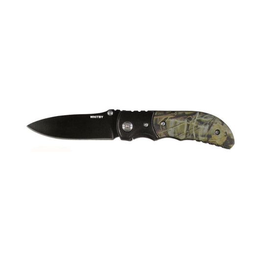 This Whitby Knife features a durable aluminium handle with a camouflage finish and a sleek black stainless steel blade measuring 7cm (2.75"). When folded, it measures 8.9cm (3.5") and weighs just 92g, making it compact and lightweight. Designed for convenience, it includes a lanyard hole, pocket clip, and thumb stud for easy access and secure carry. Perfect for everyday use or outdoor adventures. www.defenceqstore.com.au