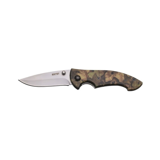 This Whitby Knife features a durable aluminium handle finished with a camouflage coating for a rugged look. Its 7.6 cm (3") stainless steel blade offers reliable cutting performance. When folded, the knife measures 11.4 cm (4.5") and weighs just 94 grams, making it easy to carry. Equipped with a pocket clip and thumb stud, it ensures quick access and secure handling for everyday use. www.defenceqstore.com.au