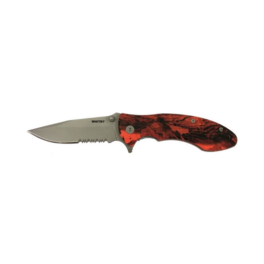 Featuring a durable aluminium handle finished with an eye-catching orange camo coating, this knife combines style and strength. Its 7cm (2.75") stainless steel blade includes a partially serrated edge for versatile cutting tasks. Compact when closed at 10.2cm (4") and weighing just 98g, it’s easy to carry with the included pocket clip and thumb stud for quick, convenient access. www.defenceqstore.com.au