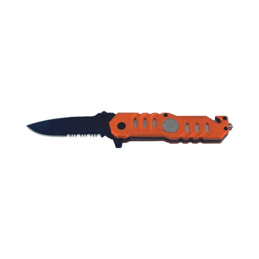 The Whitby Safety Knife features a durable anodised aluminium handle and a stainless steel blade with a black finish, partially serrated for versatile cutting. The blade measures 11.45cm (4.5"), while the knife closes to 12.10cm (4.75") for easy portability.  www.defenceqstore.com.au