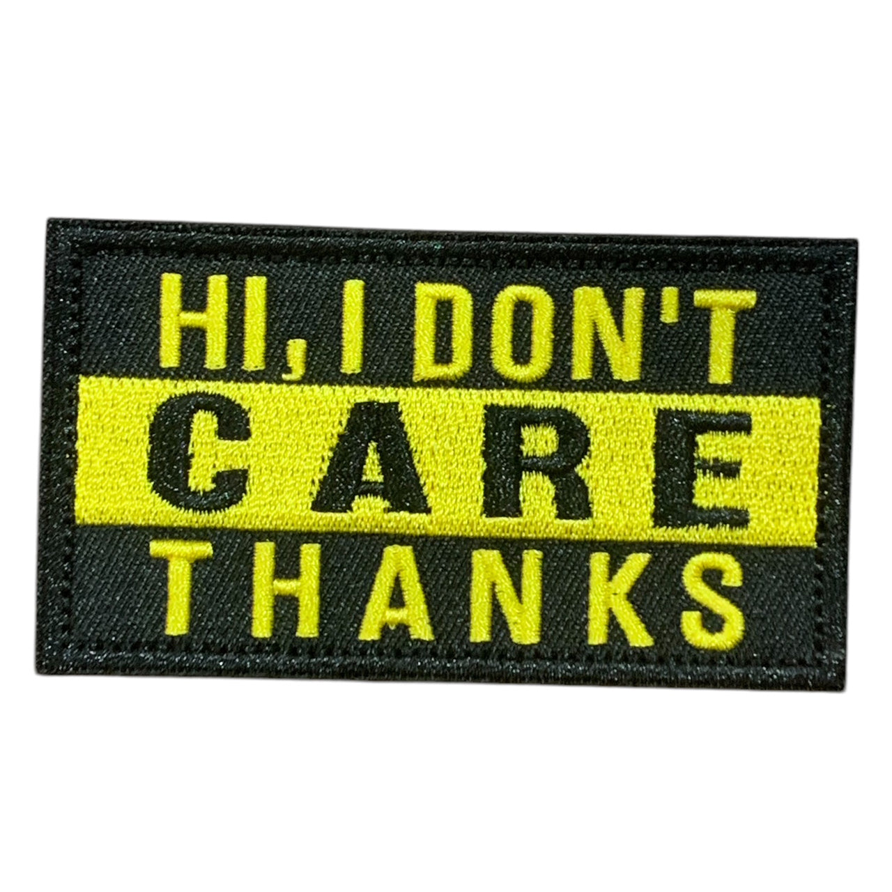 Elevate your style game with the I Don't Care Embroidery Hook &amp; Loop Morale Patch! Featuring a supportive design, this patch measures 9.5x5cm and is perfect for adding a touch of personality to your operator hats, tactical jackets, and bags. The hook backing ensures easy application and a secure hold, making it a must-have for any tactical enthusiast. Upgrade your gear today! www.defenceqstore.com.au