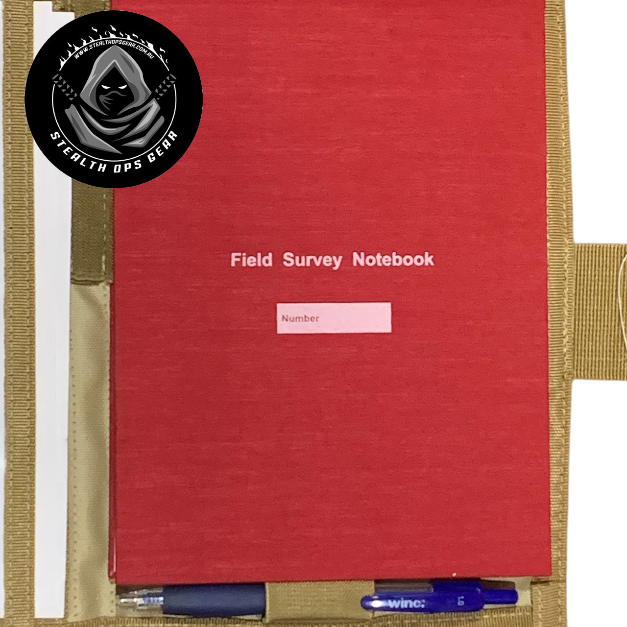 The perfect companion for your Field Survey Notebook is here - the AMCU Survey Notebook Stealth Ops Gear! This notebook cover not only protects your notebook with its elastic loop, but it also has a clear plastic window for maps and additional sleeves for any important papers or objects. Plus, keep your writing utensil within reach with the pen/pencil elastic loop. Upgrade your surveying game with this must-have gear! www.defenceqstore.com.au inside cover with notebook and pen