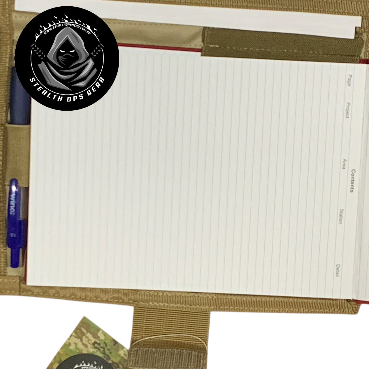 The perfect companion for your Field Survey Notebook is here - the AMCU Survey Notebook Stealth Ops Gear! This notebook cover not only protects your notebook with its elastic loop, but it also has a clear plastic window for maps and additional sleeves for any important papers or objects. Plus, keep your writing utensil within reach with the pen/pencil elastic loop. Upgrade your surveying game with this must-have gear! www.defenceqstore.com.au open notebook cover with book open