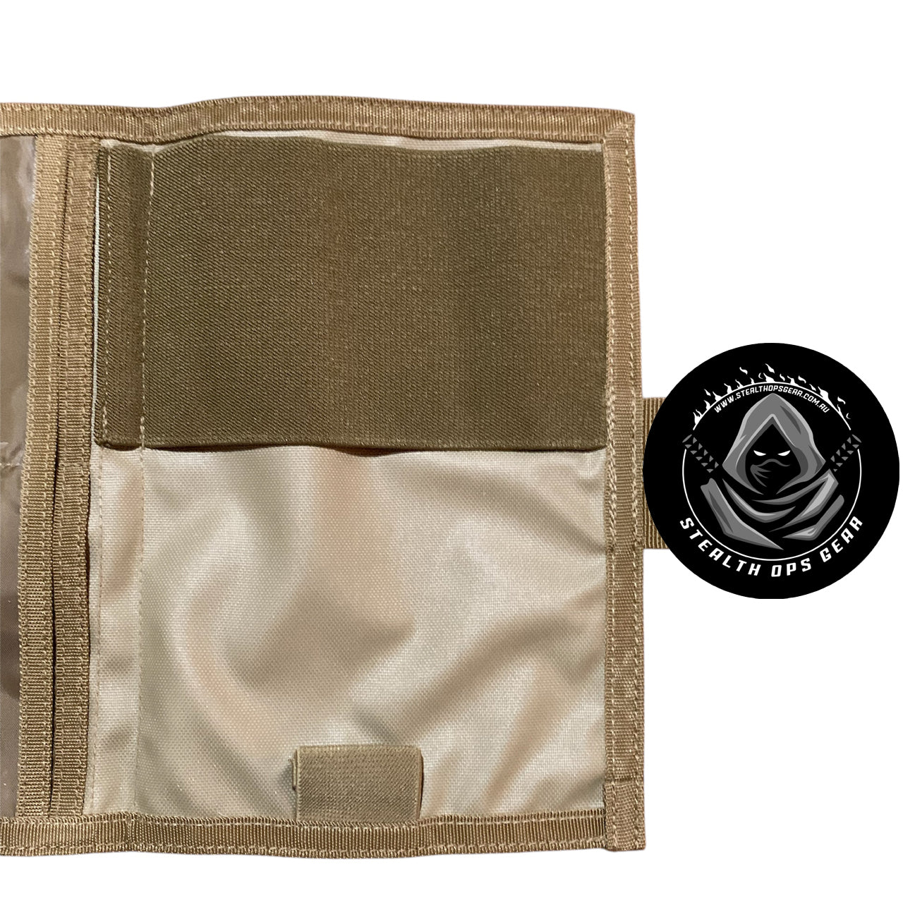 The perfect companion for your Field Survey Notebook is here - the AMCU Survey Notebook Stealth Ops Gear! This notebook cover not only protects your notebook with its elastic loop, but it also has a clear plastic window for maps and additional sleeves for any important papers or objects. Plus, keep your writing utensil within reach with the pen/pencil elastic loop. Upgrade your surveying game with this must-have gear! www.defenceqstore.com.au open notebook cover showing where notebook and pen goes
