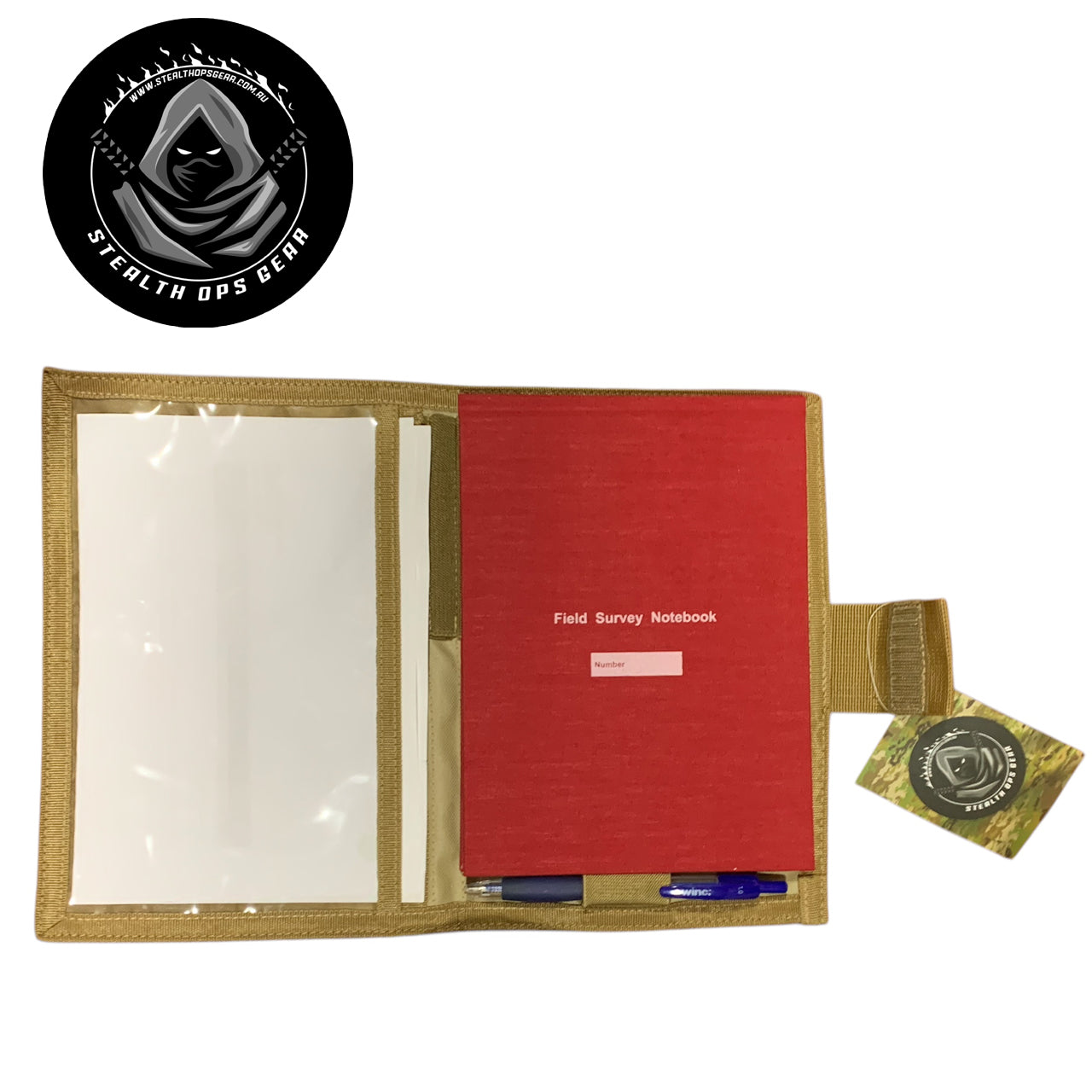 The perfect companion for your Field Survey Notebook is here - the AMCU Survey Notebook Stealth Ops Gear! This notebook cover not only protects your notebook with its elastic loop, but it also has a clear plastic window for maps and additional sleeves for any important papers or objects. Plus, keep your writing utensil within reach with the pen/pencil elastic loop. Upgrade your surveying game with this must-have gear! www.defenceqstore.com.au open notebook cover with contents