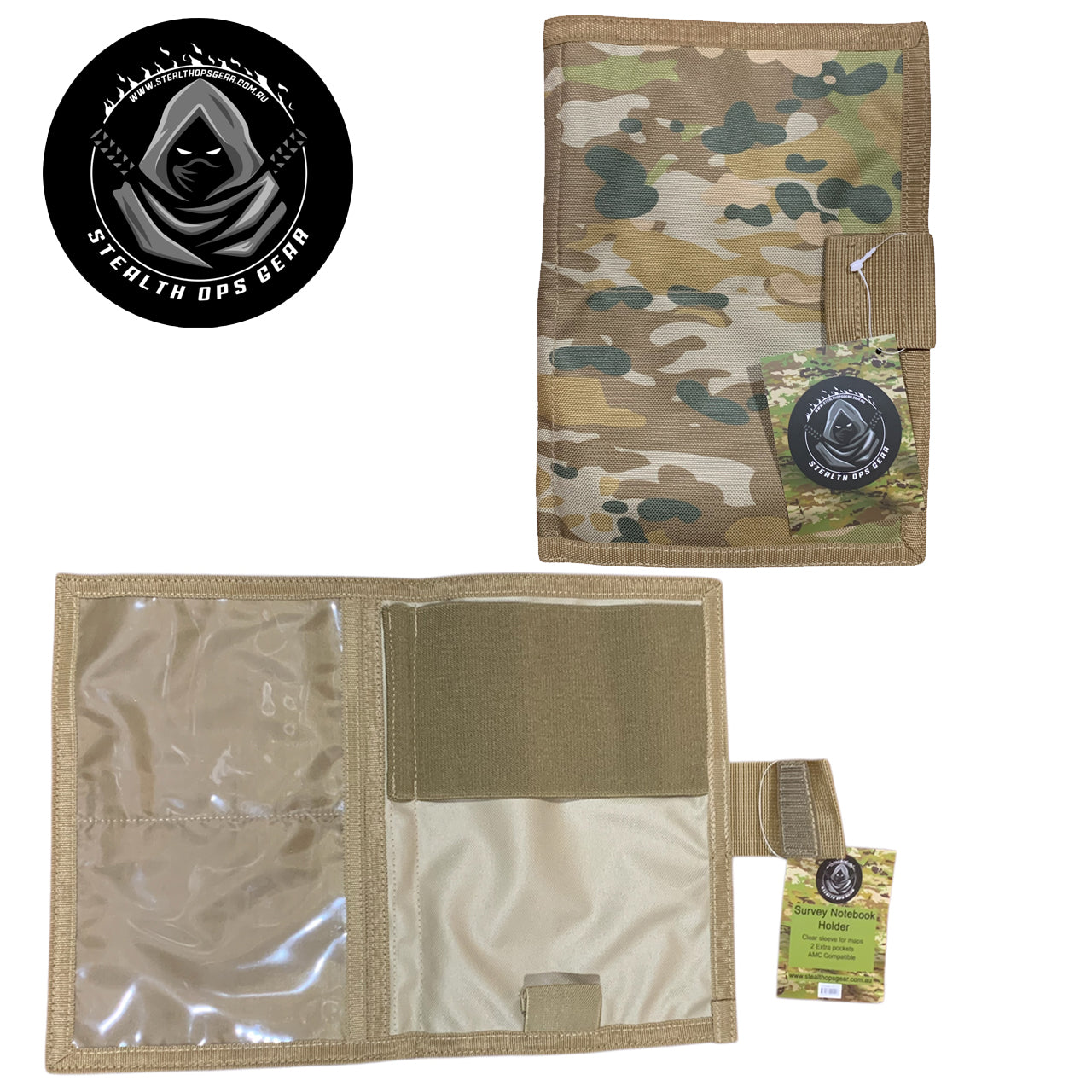 The perfect companion for your Field Survey Notebook is here - the AMCU Survey Notebook Stealth Ops Gear! This notebook cover not only protects your notebook with its elastic loop, but it also has a clear plastic window for maps and additional sleeves for any important papers or objects. Plus, keep your writing utensil within reach with the pen/pencil elastic loop. Upgrade your surveying game with this must-have gear! www.defenceqstore.com.au
front cover and open notebook cover 