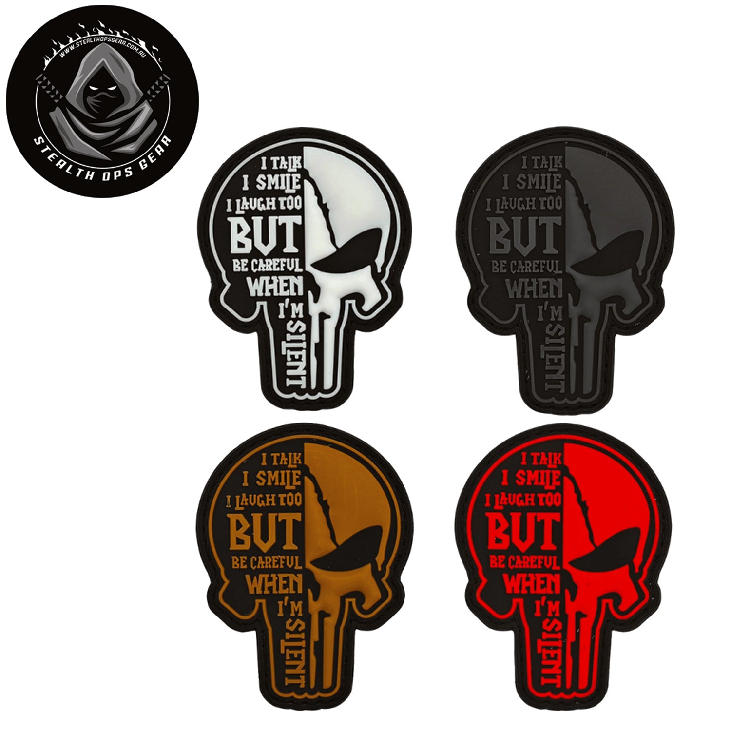 Talk Smile Laugh Morale Patch PVC - Stealth Ops Gear. This bold PVC morale patch delivers attitude and authenticity to your tactical gear, backpack, or everyday carry. At 8x6cm, it's sized perfectly for visibility without overwhelming your setup. www.defenceqstore.com.au