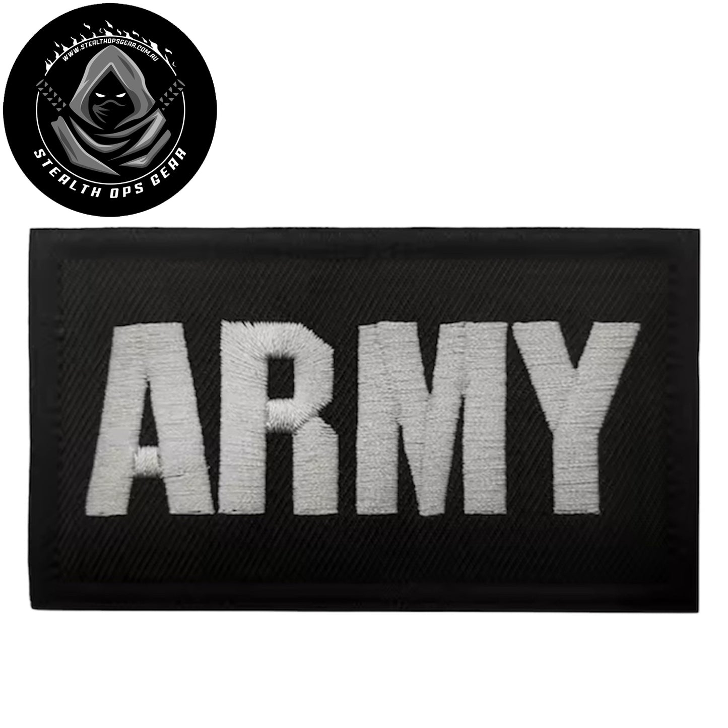 Unleash your creativity with the Army Black Embroidery Printed Patch Hook &amp; Loop - Stealth Ops Gear! Measuring 9x5.5cm and featuring a beautifully embroidered design and secure hook &amp; loop backing, this patch is a must-have for any collector. www.defenceqstore.com.au