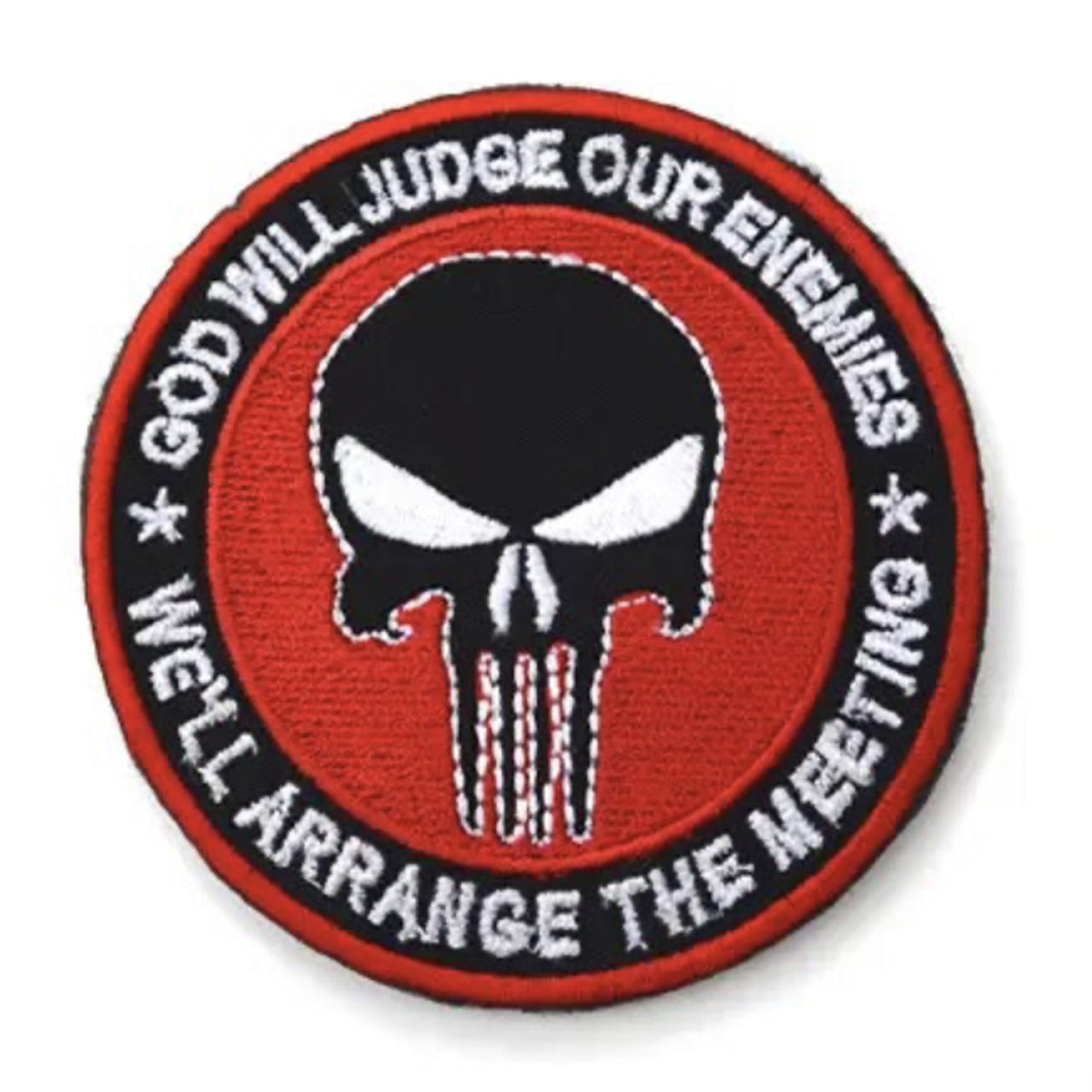 Experience the power and impact of God Will Judge Our Enemies Embroidery Velcro Backed Patch Red in a compact 8cm size. Don't underestimate the potential of this patch - it's the perfect addition to any outfit or accessory. Order now and discover the endless possibilities! www.defenceqstore.com.au