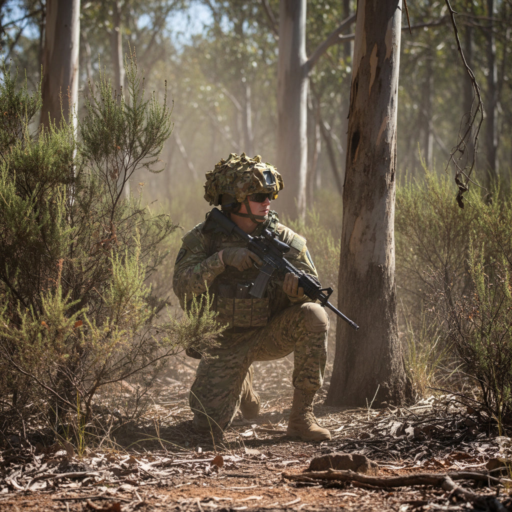 AMCU Tactical Camouflage Helmet Cover — engineered to shatter your helmet's silhouette and keep you concealed in the field. This premium netting disrupts the distinctive outline that gives away your position, delivering genuine tactical advantage when it matters most. www.defenceqstore.com.au