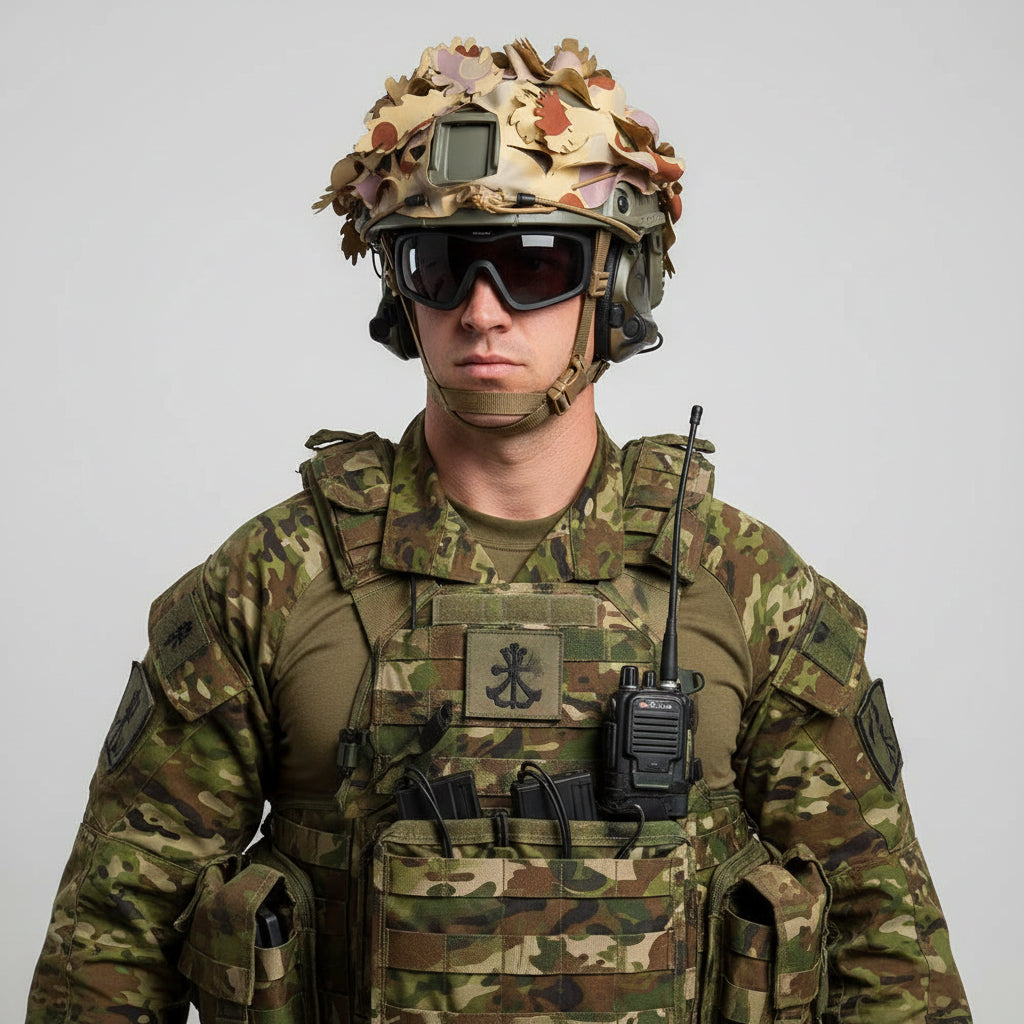 DPDU Tactical Camouflage Helmet Cover — engineered to shatter your helmet's silhouette and keep you concealed in the field. This premium netting disrupts the distinctive outline that gives away your position, delivering genuine tactical advantage when it matters most.  www.defenceqstore.com.au