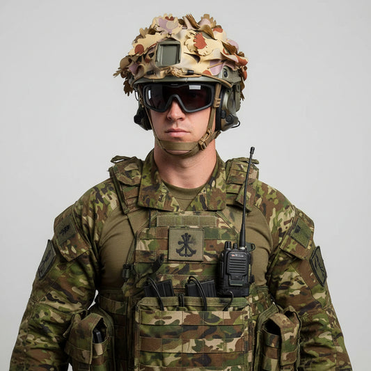 DPDU Tactical Camouflage Helmet Cover — engineered to shatter your helmet's silhouette and keep you concealed in the field. This premium netting disrupts the distinctive outline that gives away your position, delivering genuine tactical advantage when it matters most.  www.defenceqstore.com.au