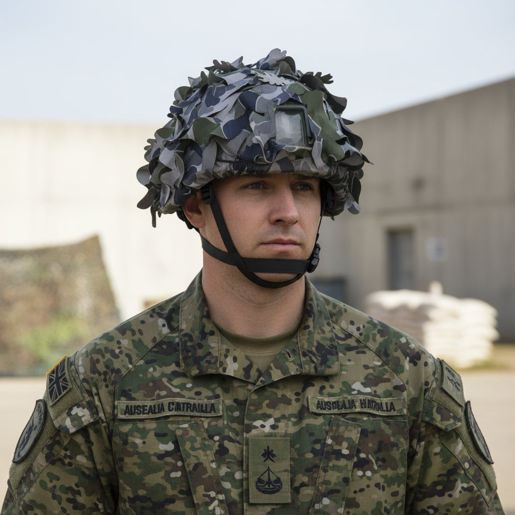 DPNU Tactical Camouflage Helmet Cover — engineered to shatter your helmet's silhouette and keep you concealed in the field. This premium netting disrupts the distinctive outline that gives away your position, delivering genuine tactical advantage when it matters most. www.defenceqstore.com.au