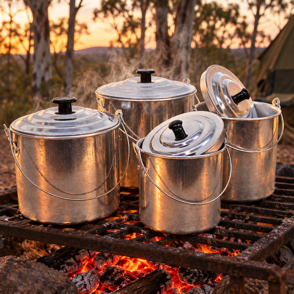 Aluminium billy can on a campfire grate at an Australian bush campsite