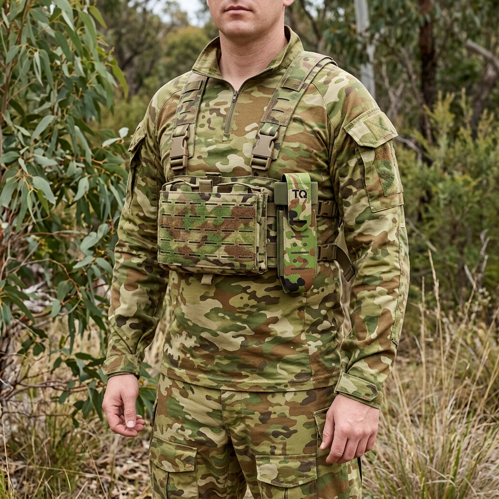 Illustrative tourniquet holder mounted on a camouflage chest rig, approximate scale and camouflage