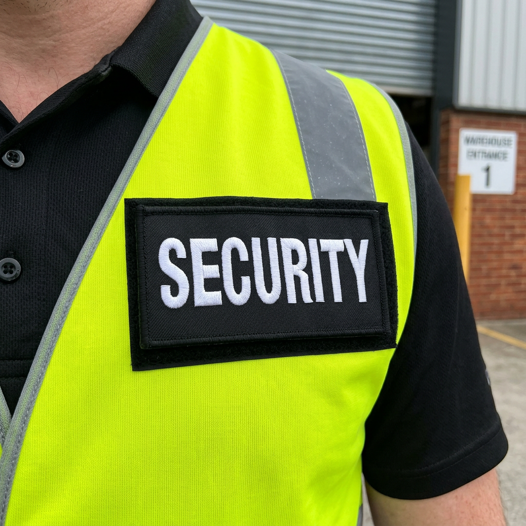 Illustrative mockup of SECURITY embroidered patch on a hi-vis vest
