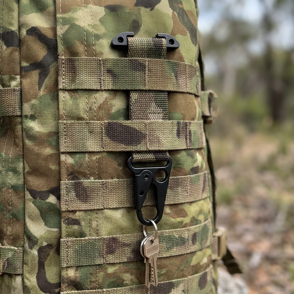AI-generated illustration of Multicam tactical key holder threaded through camouflage backpack MOLLE webbing