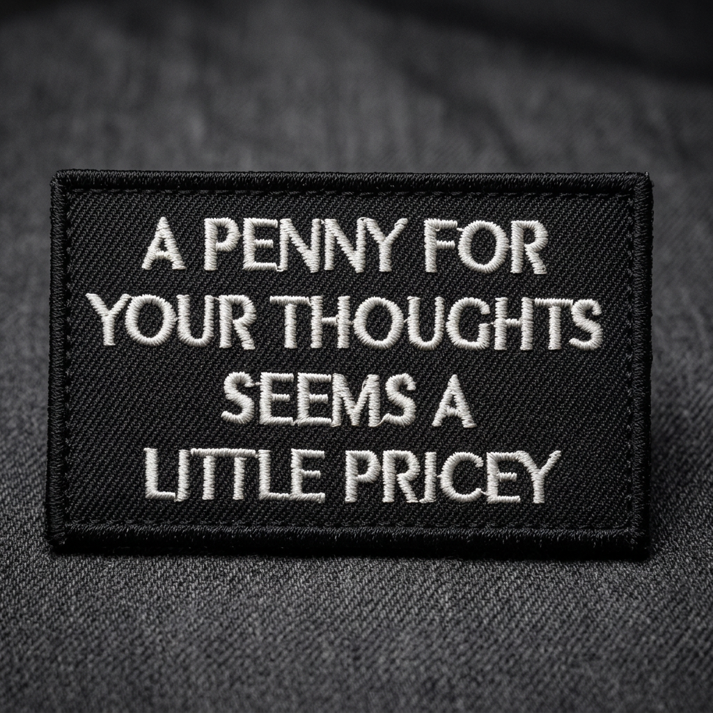 Close-up view of A Penny For Your Thoughts patch embroidery