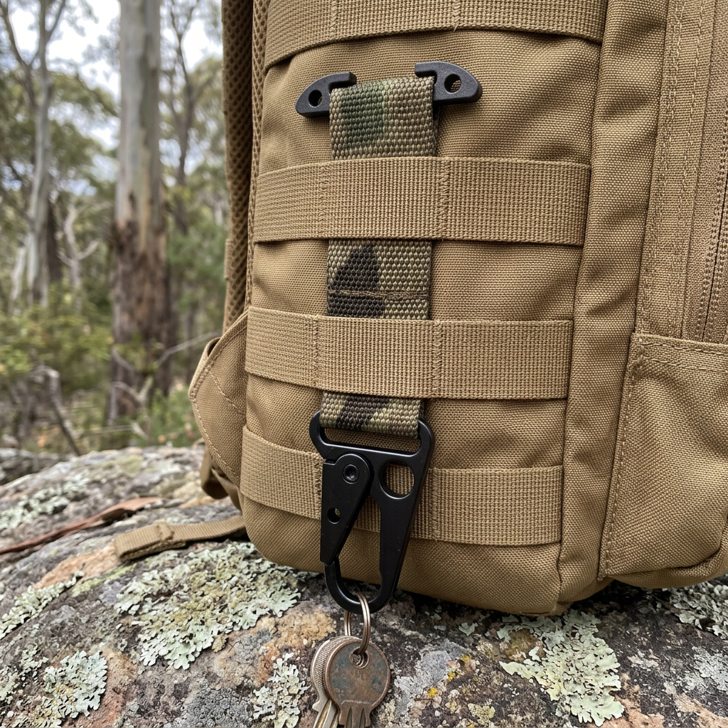 AI-generated illustration of Multicam tactical key holder threaded through tan backpack MOLLE webbing