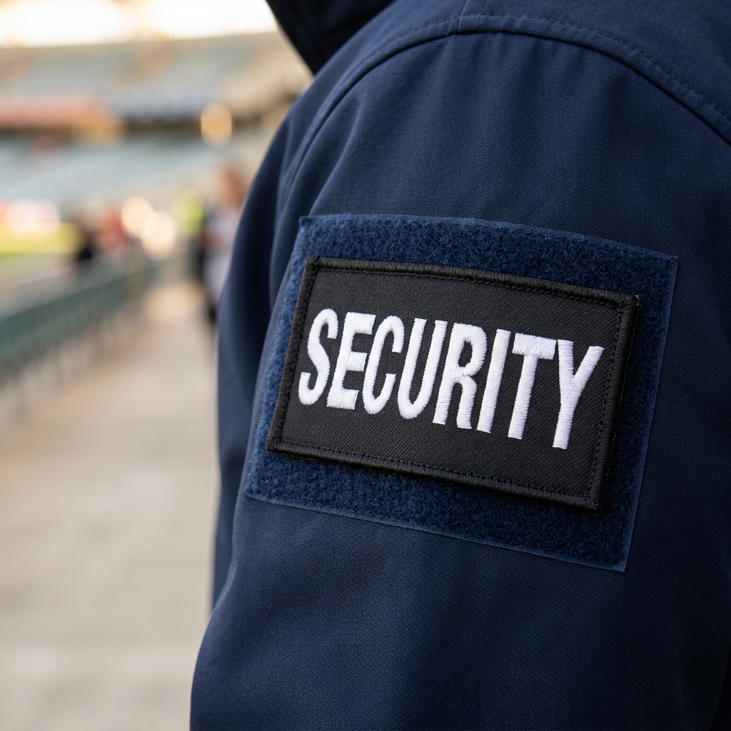 Illustrative mockup of SECURITY embroidered patch on a navy jacket sleeve
