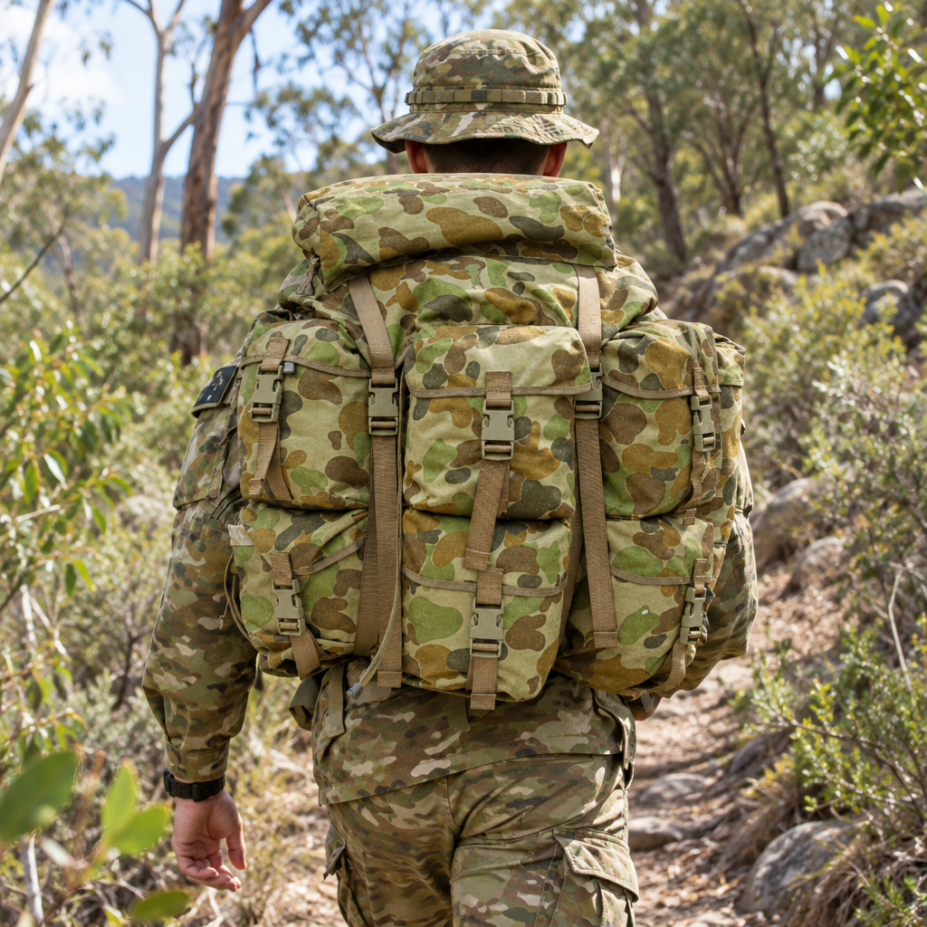 Australian Army cadet wearing the XL Alice pack in Auscam camouflage while hiking a bush trail