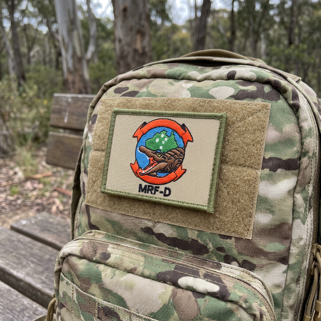 AI-generated illustration of MRF-D embroidered patch on a Multicam backpack