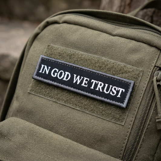 In God We Trust patch on olive backpack mock-up