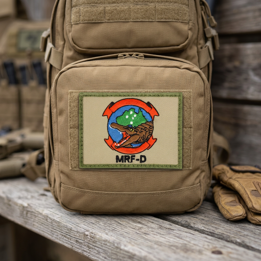 AI-generated illustration of MRF-D embroidered patch on a tan tactical backpack